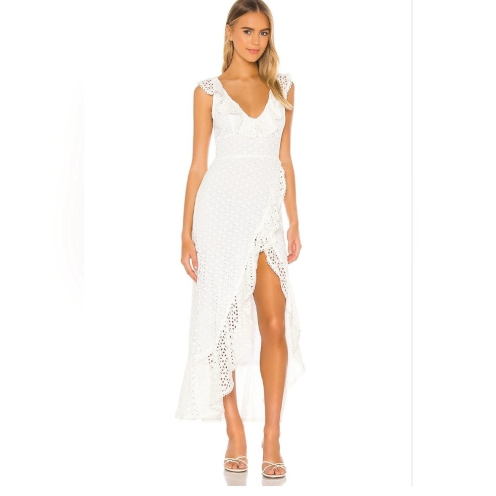 MAJORELLE White Eyelet High-Low Wrap Dress